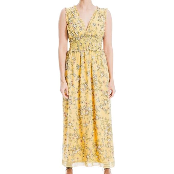 NEW Max Studio Yellow Floral Smocked Waist Sleeveless V-Neck Maxi Dress Size S - Picture 1 of 13